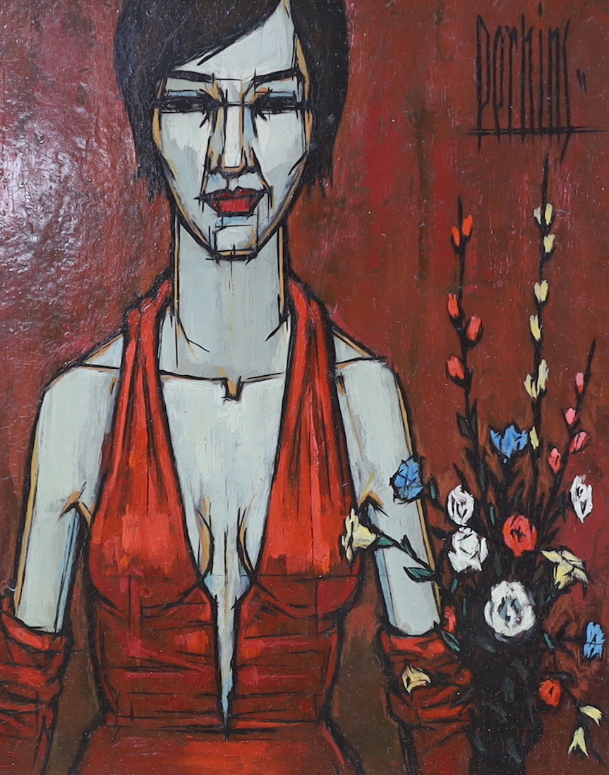 Philip R. Perkins (American, 1907-1990), oil on board, Woman in red, signed, 24 x 19cm